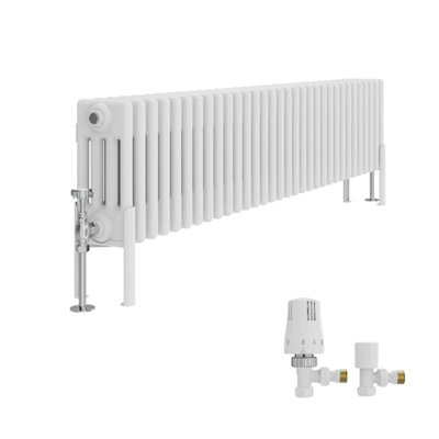 B&Q -  Traditional 4 Column Horizontal Cast Iron Style Radiator 300X1460mm White With Angled Thermostatic Valve