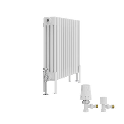 B&Q -  Traditional 4 Column Horizontal Cast Iron Style Radiator 600X605mm White With Angled Thermostatic Valve