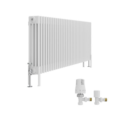 B&Q -  Traditional 4 Column Horizontal Cast Iron Style Radiator 600X1460mm White With Angled Thermostatic Valve