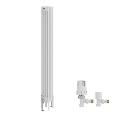 B&Q -  Traditional 4 Column Vertical Cast Iron Style Radiator 1500X200mm White With Angled Thermostatic Valve