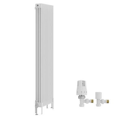 B&Q -  Traditional 4 Column Vertical Cast Iron Style Radiator 1800X470mm White With Angled Thermostatic Valve