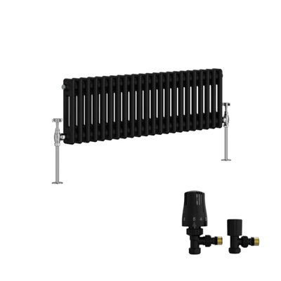B&Q -  Traditional Double Column Horizontal Cast Iron Style Radiator 300X1010mm Black With Angled Thermostatic Valve