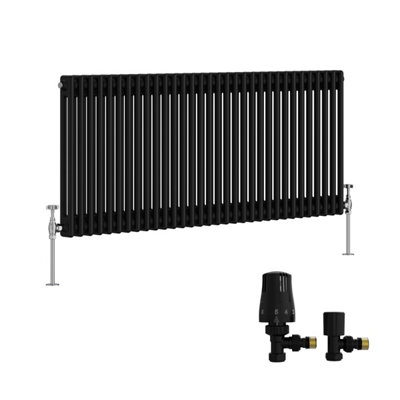 B&Q -  Traditional Double Column Horizontal Cast Iron Style Radiator 600X1460mm Black With Angled Thermostatic Valve