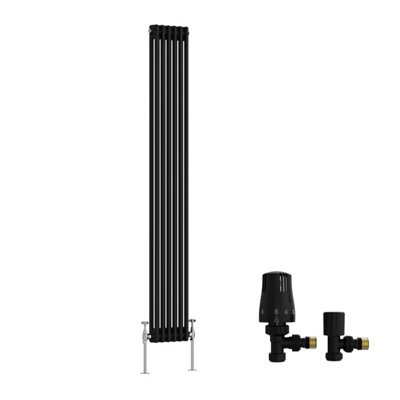 B&Q -  Traditional Double Column Vertical Cast Iron Style Radiator 1800X290mm Black With Angled Thermostatic Valve