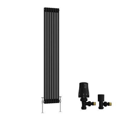 B&Q -  Traditional Double Column Vertical Cast Iron Style Radiator 1800X380mm Black With Angled Thermostatic Valve