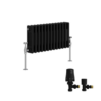 B&Q -  Traditional Triple Column Horizontal Cast Iron Style Radiator 300X607mm Black With Angled Thermostatic Valve