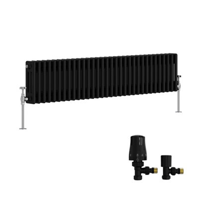 B&Q -  Traditional Triple Column Horizontal Cast Iron Style Radiator 300X1462mm Black With Angled Thermostatic Valve