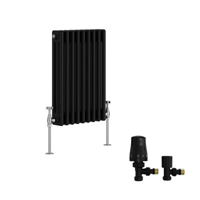 B&Q -  Traditional Triple Column Horizontal Cast Iron Style Radiator 600X427mm Black With Angled Thermostatic Valve