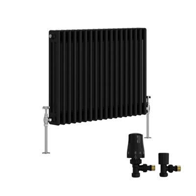 B&Q -  Traditional Triple Column Horizontal Cast Iron Style Radiator 600X832mm Black With Angled Thermostatic Valve
