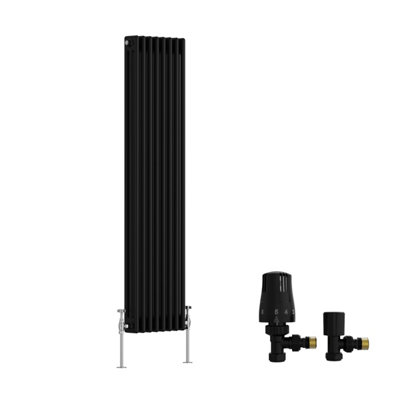B&Q -  Traditional Triple Column Vertical Cast Iron Style Radiator 1500X382mm Black With Angled Thermostatic Valve