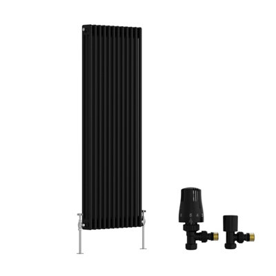 B&Q -  Traditional Triple Column Vertical Cast Iron Style Radiator 1500X562mm Black With Angled Thermostatic Valve