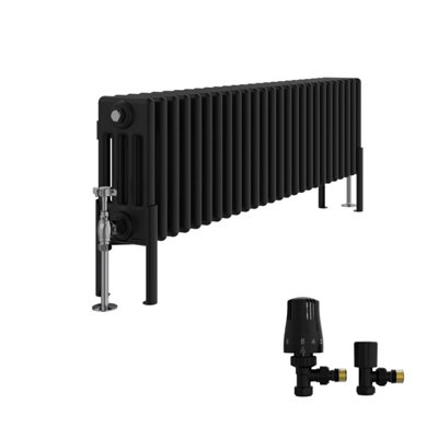 B&Q -  Traditional 4 Column Horizontal Cast Iron Style Radiator 300X1190mm Black With Angled Thermostatic Valve