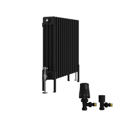 B&Q -  Traditional 4 Column Horizontal Cast Iron Style Radiator 600X605mm Black With Angled Thermostatic Valve