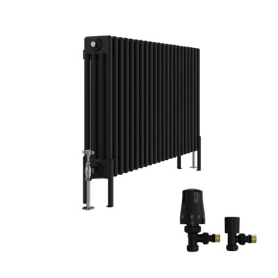 B&Q -  Traditional 4 Column Horizontal Cast Iron Style Radiator 600X1010mm Black With Angled Thermostatic Valve