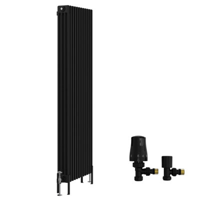 B&Q -  Traditional 4 Column Vertical Cast Iron Style Radiator 1800X560mm Black With Angled Thermostatic Valve
