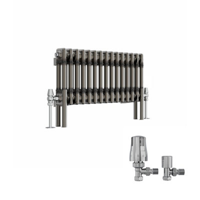 B&Q -  Raw Metal 300X695 mm Horizontal Traditional 2 Column Cast Iron Style Radiator With Angled Thermostatic Valves