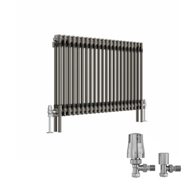 B&Q -  Raw Metal 600X1010 mm Horizontal Traditional 2 Column Cast Iron Style Radiator With Angled Thermostatic Valves