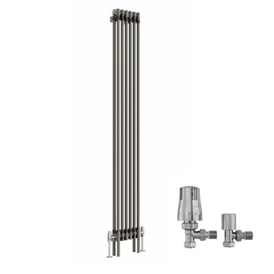 B&Q -  Raw Metal 1800X290 mm Vertical Traditional 2 Column Cast Iron Style Radiator With Angled Thermostatic Valves