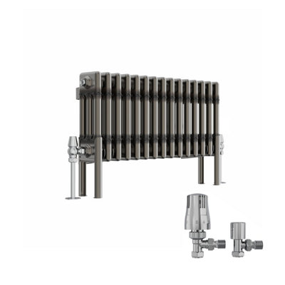 B&Q -  Raw Metal 300X697 mm Horizontal Traditional 3 Column Cast Iron Style Radiator With Angled Thermostatic Valves