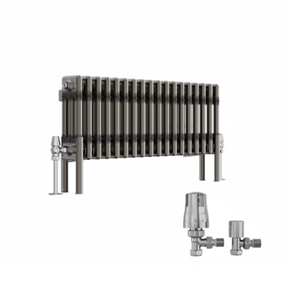 B&Q -  Raw Metal 300X832 mm Horizontal Traditional 3 Column Cast Iron Style Radiator With Angled Thermostatic Valves