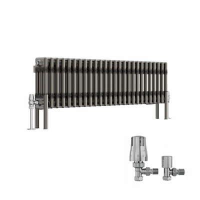 B&Q -  Raw Metal 300X1192 mm Horizontal Traditional 3 Column Cast Iron Style Radiator With Angled Thermostatic Valves