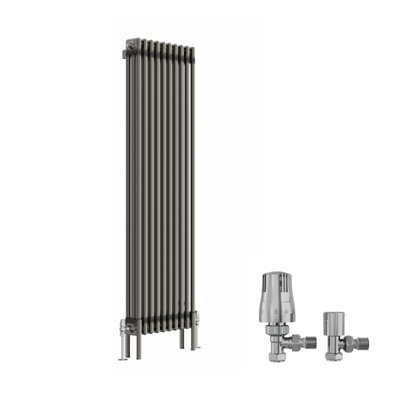 B&Q -  Raw Metal 1500X472 mm Vertical Traditional 3 Column Cast Iron Style Radiator With Angled Thermostatic Valves