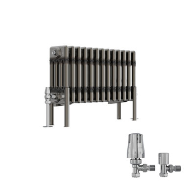B&Q -  Raw Metal 300X605 mm Horizontal Traditional 4 Column Cast Iron Style Radiator With Angled Thermostatic Valves