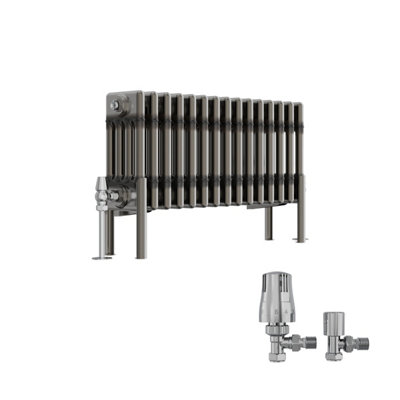 B&Q -  Raw Metal 300X695 mm Horizontal Traditional 4 Column Cast Iron Style Radiator With Angled Thermostatic Valves