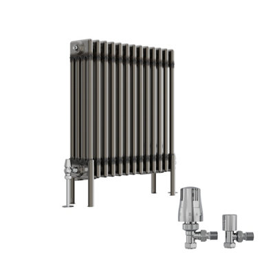 B&Q -  Raw Metal 600X605 mm Horizontal Traditional 4 Column Cast Iron Style Radiator With Angled Thermostatic Valves