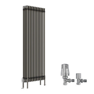 B&Q -  Raw Metal 1500X560 mm Vertical Traditional 4 Column Cast Iron Style Radiator With Angled Thermostatic Valves