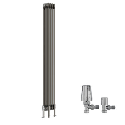B&Q -  Raw Metal 1800X200 mm Vertical Traditional 4 Column Cast Iron Style Radiator With Angled Thermostatic Valves