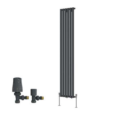 B&Q -  Single Vertical Designer Radiator Oval Column Rads 1800X354mm Anthracite With Angled Trv Thermostatic Valve