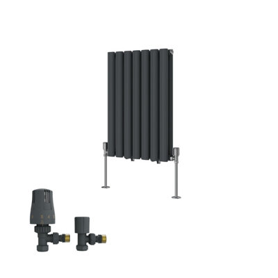 B&Q -  Double Horizontal Designer Radiator Oval Column Rads 600X413mm Anthracite With Angled Trv Thermostatic Valve