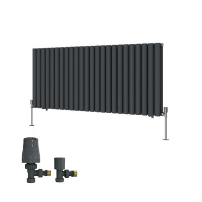 B&Q -  Double Horizontal Designer Radiator Oval Column Rads 600X1416mm Anthracite With Angled Trv Thermostatic Valve