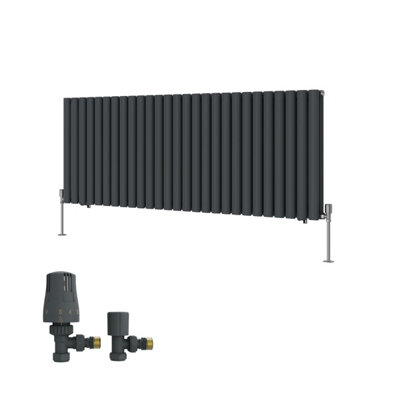 B&Q -  Double Horizontal Designer Radiator Oval Column Rads 600X1593mm Anthracite With Angled Trv Thermostatic Valve