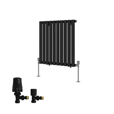 B&Q -  Single Horizontal Designer Radiator Oval Column Rads 600X590mm Black With Angled Trv Thermostatic Valve