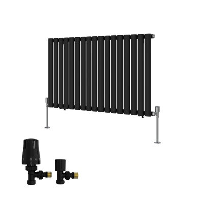 B&Q -  Single Horizontal Designer Radiator Oval Column Rads 600X1003mm Black With Angled Trv Thermostatic Valve