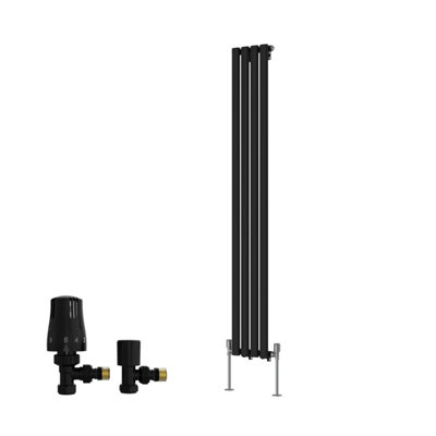 B&Q -  Single Vertical Designer Radiator Oval Column Rads 1600X236mm Black With Angled Trv Thermostatic Valve