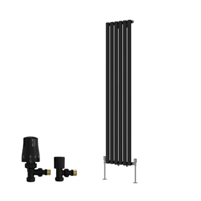 B&Q -  Single Vertical Designer Radiator Oval Column Rads 1600X354mm Black With Angled Trv Thermostatic Valve