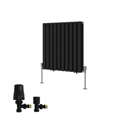 B&Q -  Double Horizontal Designer Radiator Oval Column Rads 600X590mm Black With Angled Trv Thermostatic Valve