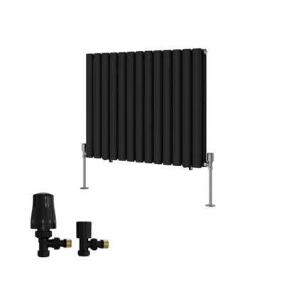 B&Q -  Double Horizontal Designer Radiator Oval Column Rads 600X767mm Black With Angled Trv Thermostatic Valve