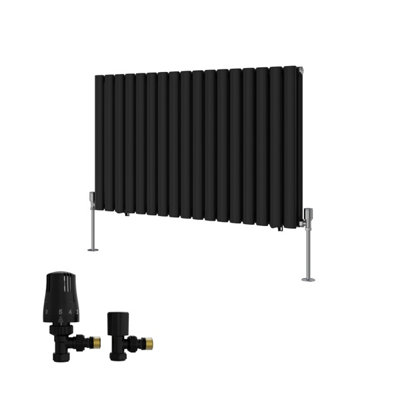 B&Q -  Double Horizontal Designer Radiator Oval Column Rads 600X1003mm Black With Angled Trv Thermostatic Valve