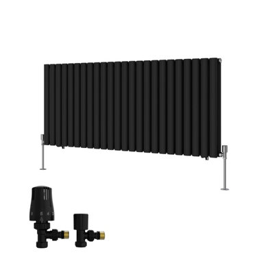 B&Q -  Double Horizontal Designer Radiator Oval Column Rads 600X1416mm Black With Angled Trv Thermostatic Valve