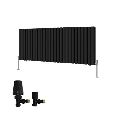 B&Q -  Double Horizontal Designer Radiator Oval Column Rads 600X1593mm Black With Angled Trv Thermostatic Valve