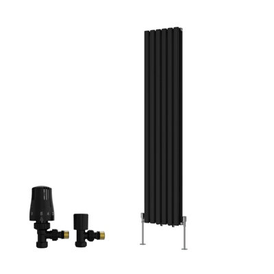 B&Q -  Double Vertical Designer Radiator Oval Column Rads 1600X354mm Black With Angled Trv Thermostatic Valve