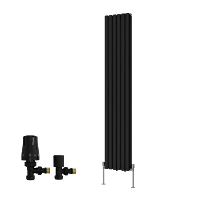 B&Q -  Double Vertical Designer Radiator Oval Column Rads 1800X354mm Black With Angled Trv Thermostatic Valve
