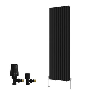 B&Q -  Double Vertical Designer Radiator Oval Column Rads 1800X590mm Black With Angled Trv Thermostatic Valve