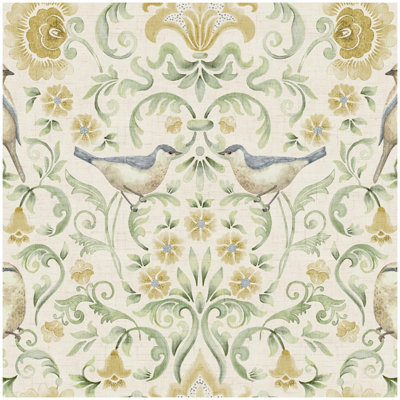 Arthouse Floral Birds Damask Wallpaper Cream Green Yellow Botanical Vintage Feature Wall from B&Q