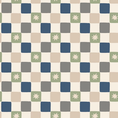 Arthouse Chequer Star Sage Green & Navy Blue Wallpaper - Image 4