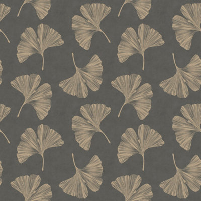 B&Q -  Grey Gold Ginkgo Leaf Wallpaper Vinyl Washable Paste The Wall